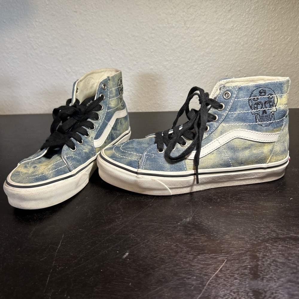 VANS SK8-HI Tapered Denim Embroidery Skull Sneakers Shoes Mens 6.5 Womens 8